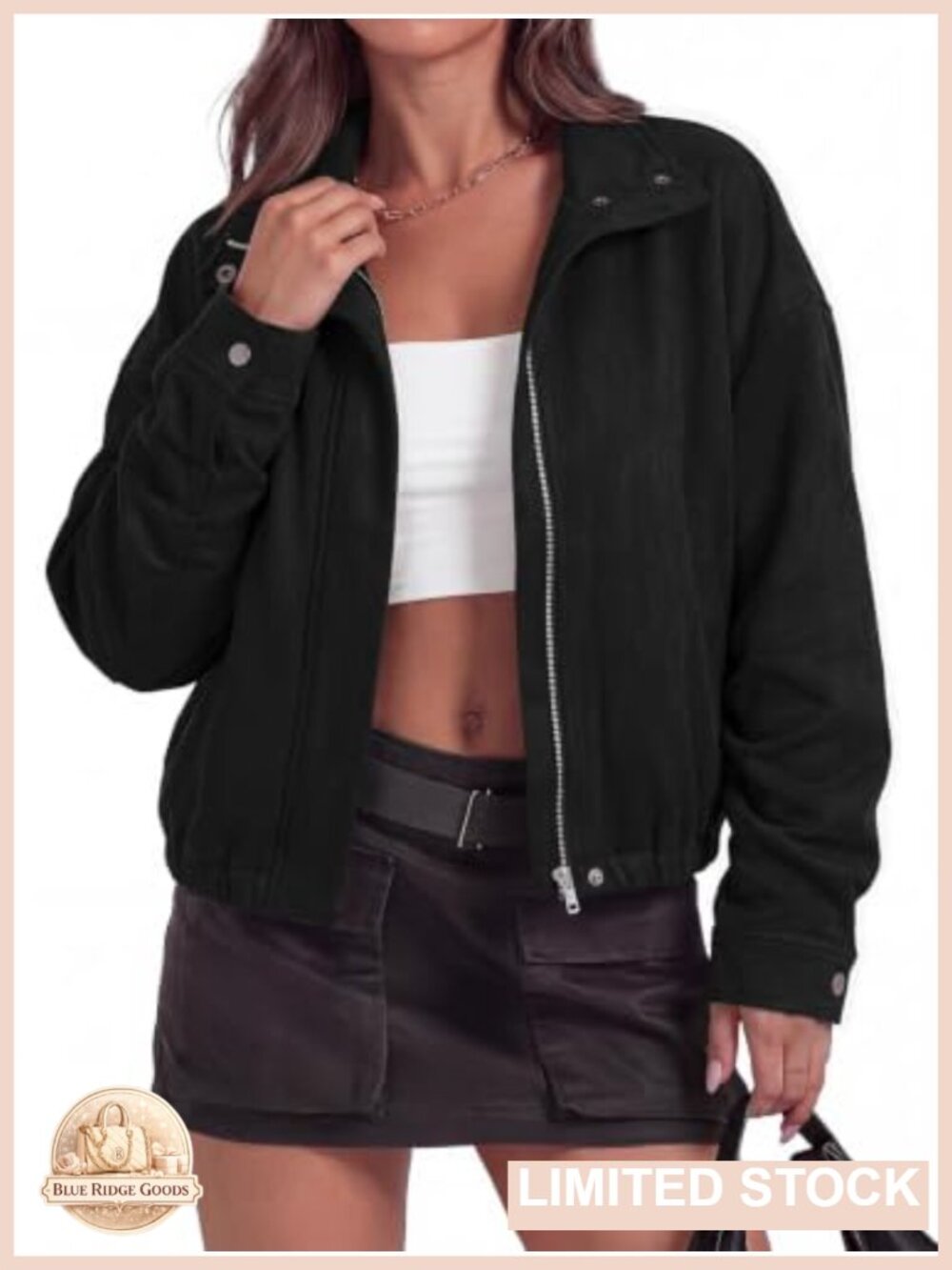 Faux Suede Bomber Jacket Loose Zip Up Cropped Casual Coat